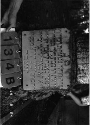 Grabstein 134 (Index: 100105315) Material: Granit, Baumstumpf und Platte weißer Marmor Zustand: gut Maße HxBxT: 132x30x27 cm Beschreibung: Baumstumpf auf Rusticasockel, rechteckige Schriftplatte an Sockel Symbolik: Davidstern: Grabstein 134B