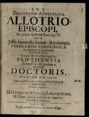 Delineatio apostolica allotrio-episcopi ex prioris epistolae Petri c. IV, v. 15 : [diss. inaug.]