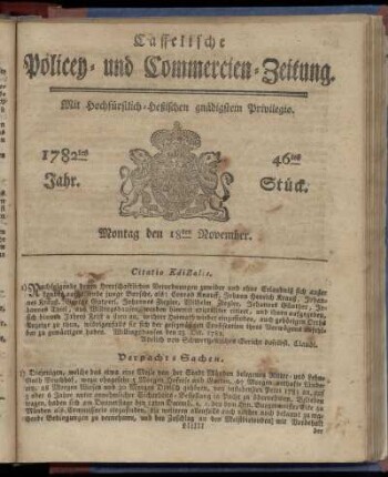 46tes Stueck, Montag den 18ten November. 1782
