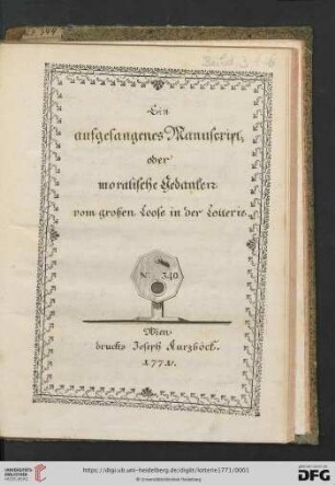 Ein aufgefangenes Manuscript, oder moralische Gedanken vom großen Loose in der Lotterie