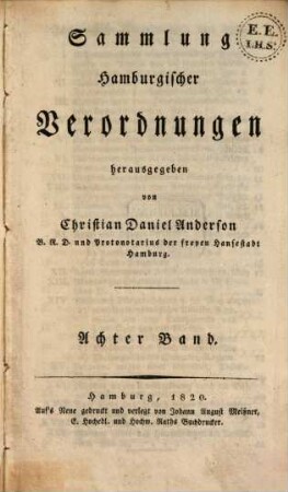 Sammlung hamburgischer Verordnungen. 8. 1809/10 (1820)