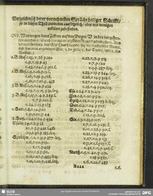 Verzeichnüß derer vornehmsten Sprüche heiliger Schrifft, so in diesen Theil entweder ausführlich, oder mit wenigen erkläret zubefinden