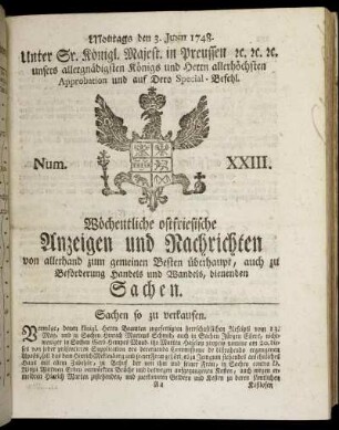 Num. XXIII. Montags den 3. Junii 1748.