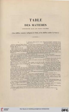 Table des matières contenues dans les trois volumes