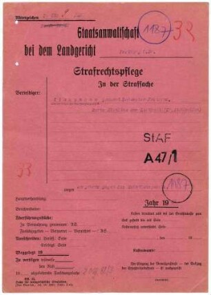 Angeklagte: Klausmann, Maria Blandine (Schwester Fraterna); Gengenbach *08. 09.1899 in Lienberg; + ? Delikt: Vergehen gegen das Heimtückegesetz Tatort: Gengenbach Tatzeit: Dezember 1941