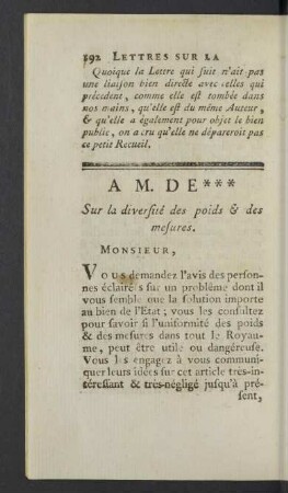 A M. de *** Sur la diversité des poids & des mesures.