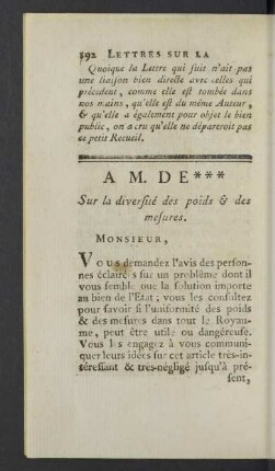 A M. de *** Sur la diversité des poids & des mesures.