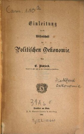 Einleitung in die Wissenschaft der politischen Oekonomie