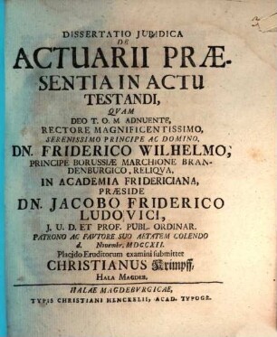 Diss. iur. de actuarii praesentia in actu testandi