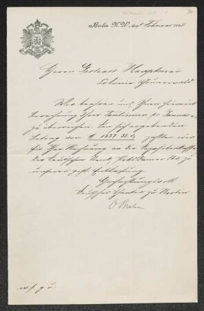 Brief von Gerhart Hauptmann an Unbekannt