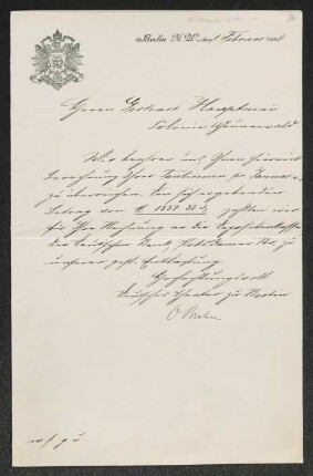Brief von Gerhart Hauptmann an Unbekannt