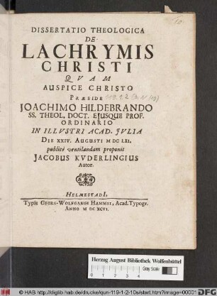 Dissertatio Theologica De Lachrymis Christi