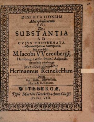 Disputationum metaphysicarum ..., 17. De substantia