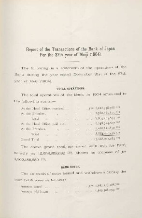 Report of the transactions of the Bank of Japan for the 37th year of Meiji (1904)