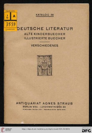 Nr. 56: Katalog: Deutsche Literatur : alte Kinderbücher, illustrierte Bücher, Verschiedenes