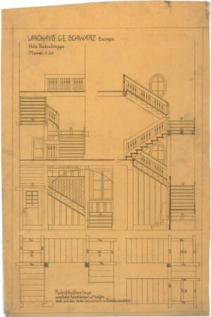 Billing, Hermann; Esslingen, Mühlberger Str. 29 (früher Panoramastr.); Haus Schwarz - Holz-Dielentreppe (Grundriss; Ansicht; Schnitt)