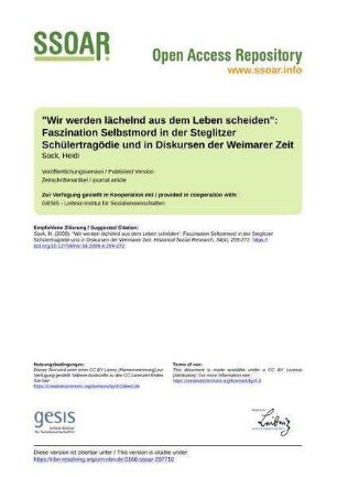 "Wir werden lächelnd aus dem Leben scheiden": Faszination Selbstmord in der Steglitzer Schülertragödie und in Diskursen der Weimarer Zeit