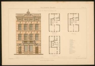 Eingebautes Wohnhaus mit Flachdach und Balustrade: Grundrisse und Ansicht (aus: Ein-Familien-Häuser, entworfen und gezeichnet von Hermann Bethke)