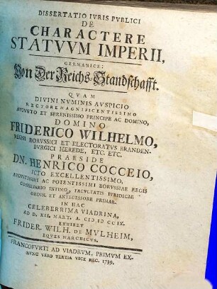 Dissertatio Ivris Pvblici De Charactere Statvvm Imperii, Germanice: Von Der Reichs-Standschafft