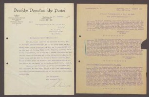 Schreiben von Ludwig Münz, DDP Ortsgruppe Magdeburg, an Hermann Hummel: Einladung zu einem Abendessen mit Theordor Bohner;