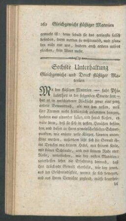 Sechste Unterhaltung: Gleichgewicht und Druck flueßiger Materien.