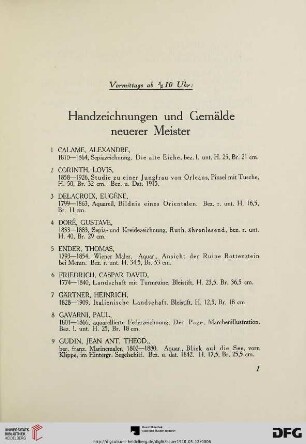 Handzeichnungen und Gemälde neuerer Meister (Nr. 1-42)