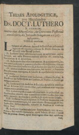 Theses Apologeticae, pro Megalandro Dn. Doct. Luthero ...