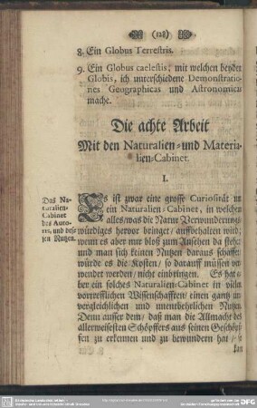 Die achte Arbeit, Mit denen Naturalien- und Materialien-Cabinet
