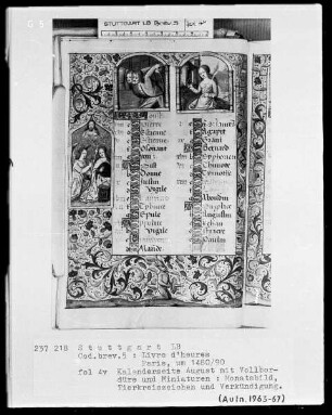 Lateinisches Stundenbuch (Livre d'heures) — Kalenderseite August mit Illustrationen und Vollbordüre, Folio 4verso