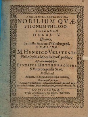 Nobilium Quaestionum Philosophicarum Decas V.