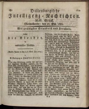 XLIII. Stück. Sonnabends: den 26. Oct. 1793.