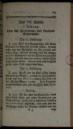 Das VII. Kapitel. I. Anhang. Von der Horizontal- und Vertical Sonnenuhr.
