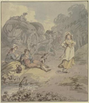 Schnitter und Schnitterin bei einem Erntewagen rastend, vor ihnen ein junges Mädchen, das zum Flötenspiel des Schnitters tanzt