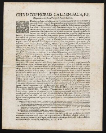 Christophorus Caldenbach, P. P. Eloquentiae in Academia Tubingensi Studiosis Salutem