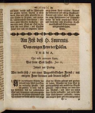 219-229, Am Fest deß H. Laurentii. Vom ewigen Fewr der Höllen. Thema. Qui odit animam suam