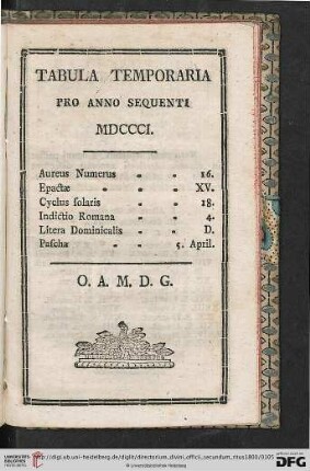 Tabula Temporaria pro anno sequenti MDCCCI