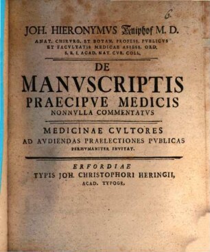 De manuscriptis, praecipue medicis : [Programma]