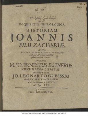 ... Hoc est, Inquisitio Philologica In Historiam Joannis Filii Zachariae