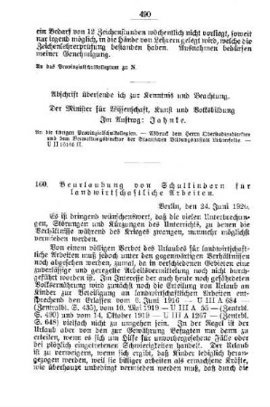 Beurlaubung von Schulkindern für landwirtschaftliche Arbeiten : [D. Allgemeine Angelegenheiten der Unterrichtsanstalten]