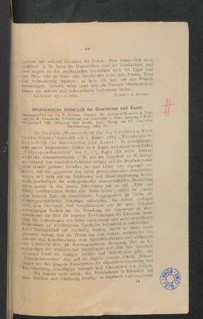 [Rezension betreffend] Westdeutsche Zeitschrift für Geschichte und Kunst