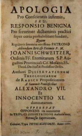 Apologia pro conscientiis infirmis ... : cum Appendice
