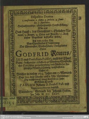 Dispositio domus ... bey christlicher Hinsetzung ... Godfrid Reuters