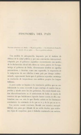 Fisonomía del país : Nuestras relaciones con Italia. - El juicio político. - La situación de Santa Fé. - La muerte de un sabio. - Una exposición artística
