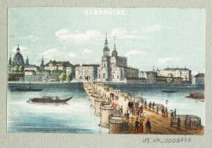 Ansicht der Augustusbrücke, Lithografie, um 1840 : Elbbrücke. [S.l.], [um 1840]. - 1 Kunstbl. : kol. Lithogr. ; 8,6 x 5,5 cm.