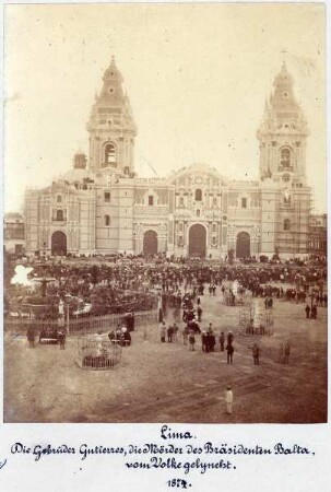 Lima: Die Gebrüder Gutiérrez, Mörder des Präsidenten Balta, aufgehängt an der Kathedrale von Lima, 1872