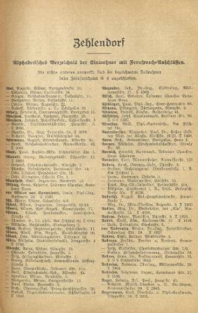 Zehlendorf. Alphabetisches Verzeichnis der Einwohner mit Fernsprech-Anschlüssen