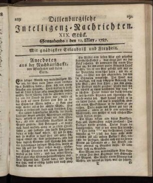 XIX. Stück. Sonnabends: den 12. May, 1787.