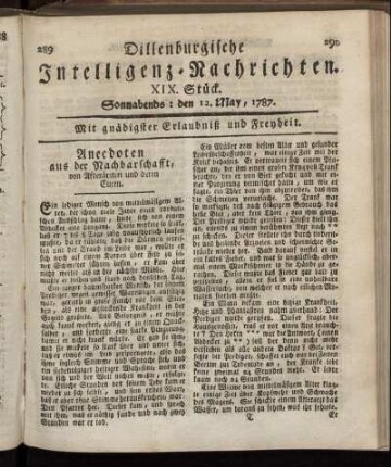 XIX. Stück. Sonnabends: den 12. May, 1787.