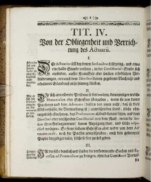 Tit. IV. Von der Obliegenheit und Verrichtugn des Actuarii.