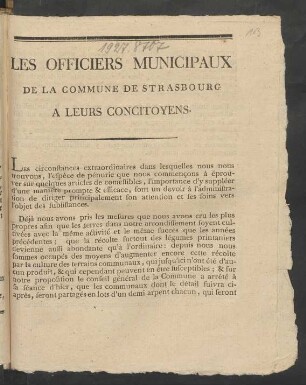 Les Officiers Municipaux De La Commune De Strasbourg A Leurs Concitoyens : [Fait & arrêté en séance publique à Strasbourg dans la maison commune le 28 ventôse de l'an second de la République française ...]